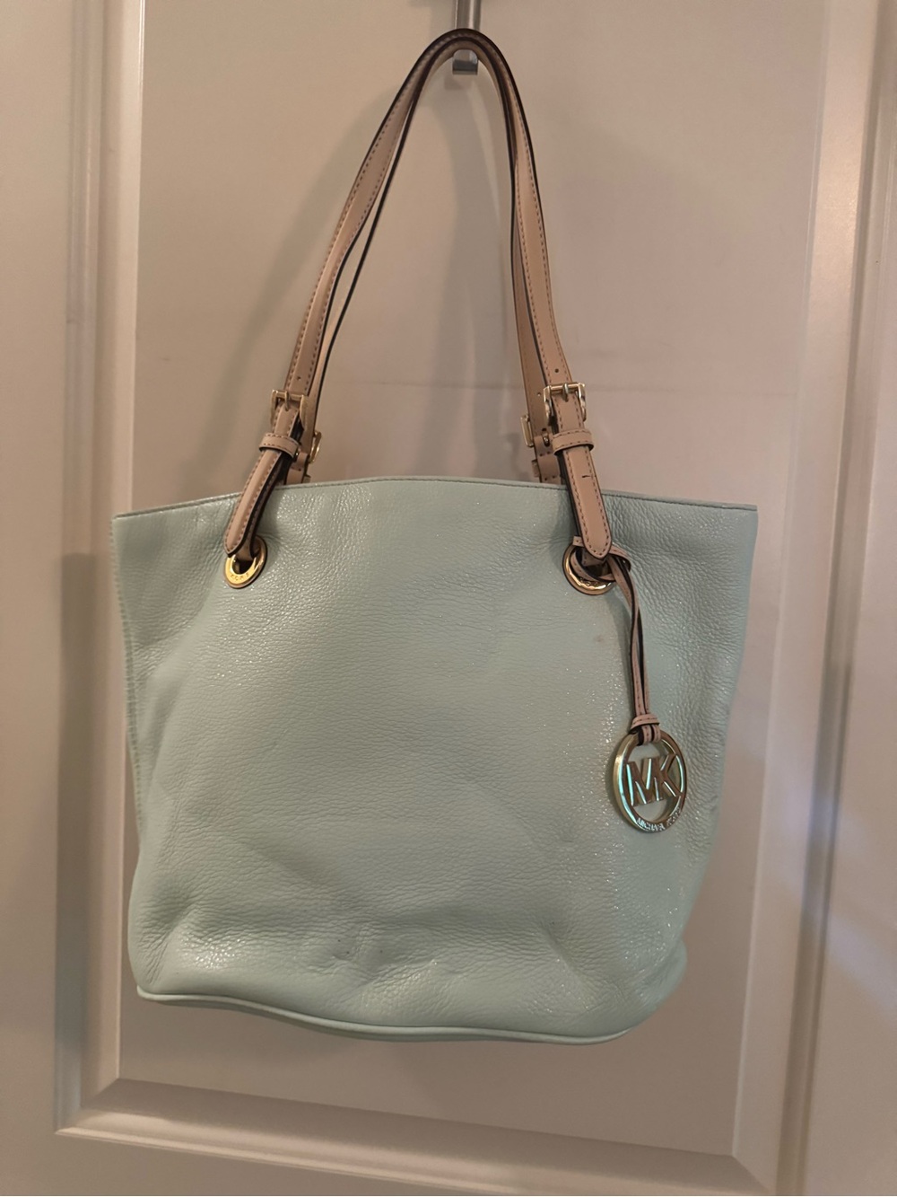 Michael Kors Mint Green Pebbled Leather Tote with Pale Pink Straps